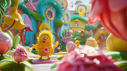 A cartoon character in a whimsical colorful world.
