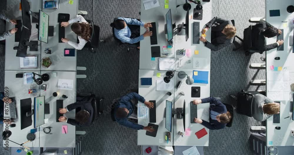 Aufkleber top down view: multiethnic male and female colleagues using desktop computers in the fintech startup