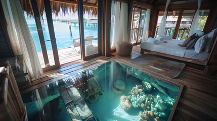 A charming overwater bungalow with a glass floor offering a view of the vibrant marine life below.