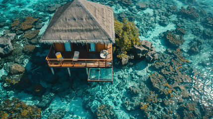 A charming overwater bungalow with a glass floor offering a view of the vibrant marine life below.