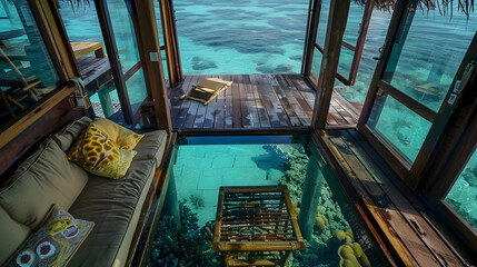 A charming overwater bungalow with a glass floor offering a view of the vibrant marine life below.
