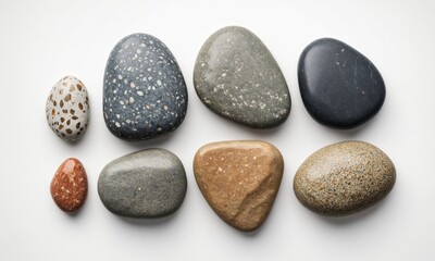 Various smooth stones, arranged on a white background
