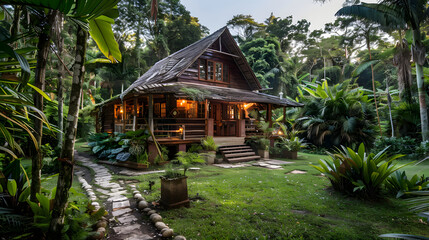 A charming rustic cabin nestled in a tropical forest surrounded by vibrant flora and fauna.