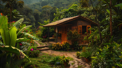 A charming rustic cabin nestled in a tropical forest surrounded by vibrant flora and fauna.
