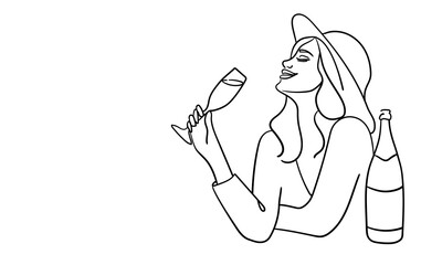 Girl enjoying champagne continuous line art drawing isolated on white background. Alcoholic drink. Vector illustration