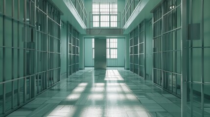 Empty corridor with barred cell doors and windows