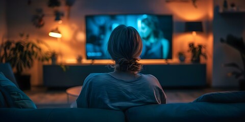 Naklejka premium A Person Sitting on a Couch with a Blank Stare at the TV. Concept Portrait Photography, Interior Design, Lifestyle Scene, Emotions, Entertainment
