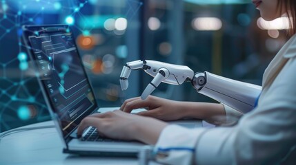 In a modern setting, a young woman is seen working on a laptop with a digital interface and network overlay AIG62