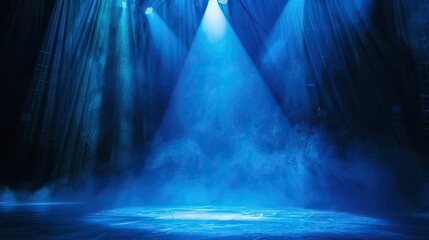 Vibrant blue spotlight shines on dim stage, creating dramatic light contrast