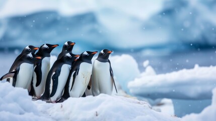 A cluster of penguins huddled together in the snowy landscape, A group of penguins huddling together in the blistering cold of the Antarctic, AI Generated