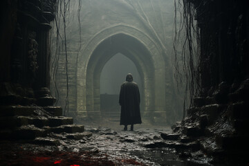 A Vampire Emerging From A Misty, Ancient Crypt