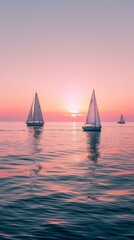 Fototapeta premium Calm sea and pink gradient sky with sailboats on the horizon. Beautiful seascape with sailboats during sunrise or sunset.