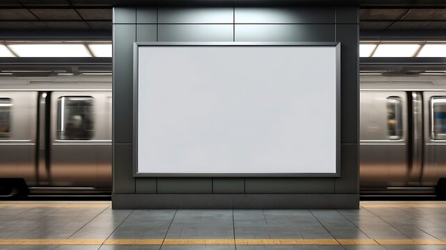 mockup of blank advertising billboard in a subway station with passing trains and commuters on a concrete and metallic background concept of urban advertising