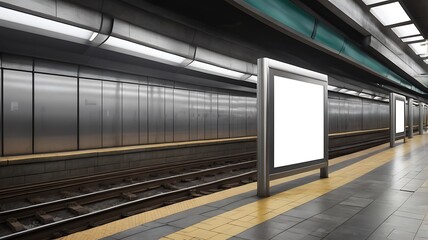 Obraz premium mockup of blank advertising billboard in a subway station with passing trains and commuters on a concrete and metallic background concept of urban advertising