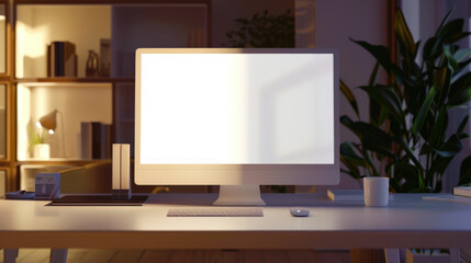 A mockup of a computer monitor in the living room. There is a computer monitor, keyboard and mouse on a large desk