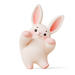 Simple fat cute kawaii soft fluffy cartoon easter bunny with eyebrows, pink ears cheeks stands in funny dancing pose, raises his hands up in joy. Lovely adorable pet. 3d render isolated white backdrop