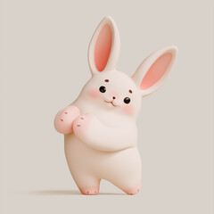 Simple fat cute kawaii fluffy cartoon white easter bunny with eyebrows, pink ears, cheeks, soft paws stands in a funny dancing shy pose. Lovely adorable pet, minimal style. 3d render in pastel colors.