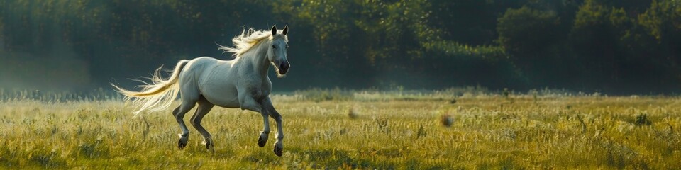 Obraz premium High-Resolution AI-Generated Wallpaper of a Majestic White Stallion Galloping Freely Across a Vast Green Pasture with Mane Flowing Like a Flag of Freedom, Capturing the Essence of Elegance and Liberty