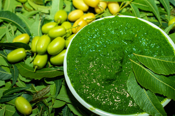 Neem leaves used as ayurvedic medicine with ground paste. Herbal anti ageing concept