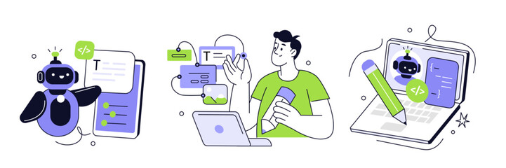Prompt engineering set. Character working with generative AI model tools. Artificial intelligence in business concept. Vector illustration.