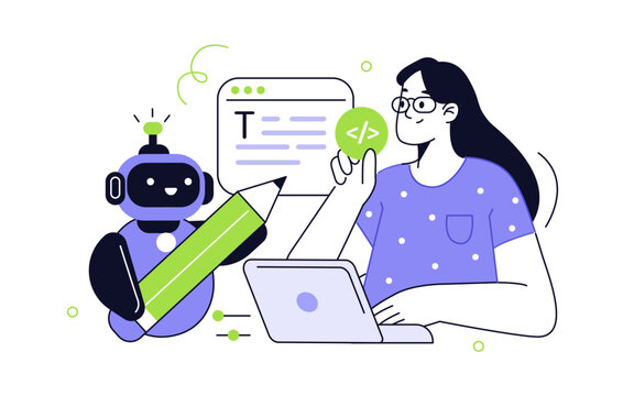 Prompt engineering work. Character generating text with generative AI model. Artificial intelligence in business concept. Vector illustration.