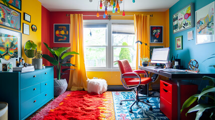 A colorful and playful home office with vibrant decor and fun accessories.