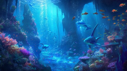 Fototapeta premium A vibrant painting depicting an underwater kingdom filled with a variety of glowing fish swimming gracefully, A magical underwater kingdom with glowing fish and majestic mermaids, AI Generated