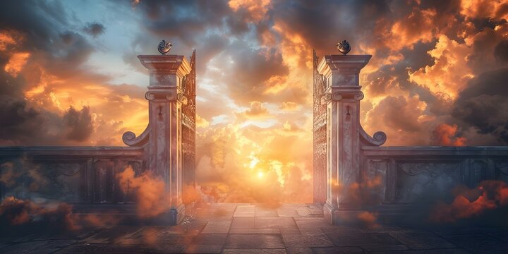 The Day of Judgment Gates of Heaven Open for the Chosen, Damned Cast Out. Concept Spirituality, Afterlife, Judgement Day, Heaven, Salvation