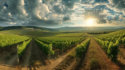 Fototapeta premium The sun shines through clouds above a vineyard, A panoramic view of a beautiful vineyard just before the harvest, AI Generated