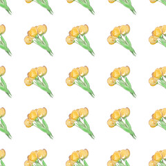 Watercolor drawing of bouquets of yellow tulips. Seamless floral pattern for your design. Spring flowers. Women's Day. White background
