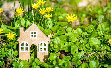 The symbol of the house stands among the yellow flowers