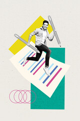 Composite collage picture image of running man sign contract documents deal hold pencil fantasy...