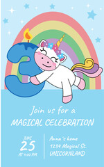 Birthday invitation with unicorn, rainbow, number 3 and candle on a blue background. Invitation card for a girl's or boy's birthday