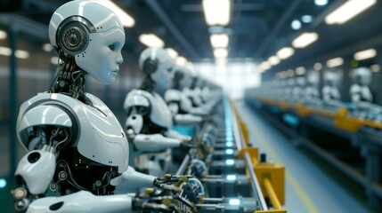 A line of robots positioned next to each other on a moving conveyor belt in a factory production line, A robot's factory production line in a hyper-automated future, AI Generated