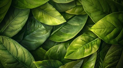 abstract background of green and varied tropical leaves