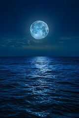 A serene moonlit night over the calm waters of an ocean, with reflections of the full moon on gentle waves.