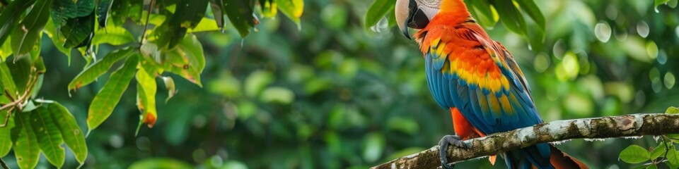 Obraz premium High-Resolution AI-Generated Wallpaper of a Majestic Macaw Proudly Perched Amidst Lush Foliage in the Heart of a Tropical Jungle, Capturing the Vibrant Essence of Nature