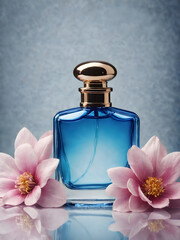 blue bottle of perfume with flower