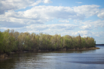 Obraz premium Deciduous forest on the river bank and blue sky with clouds above it.
