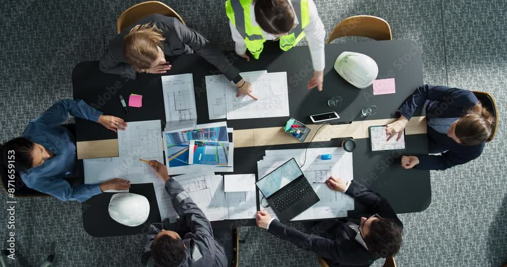 Poster top down view of diverse team of real estate construction engineers discussing blueprints, documents