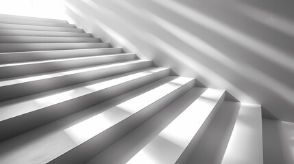 Obraz premium Monochrome image of modern white staircase with dramatic shadows cast by sunlight.