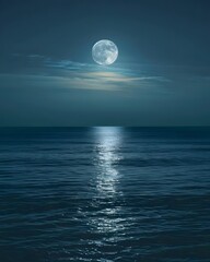 A serene moonlit night over the calm waters of an ocean, with reflections of the full moon on gentle waves.