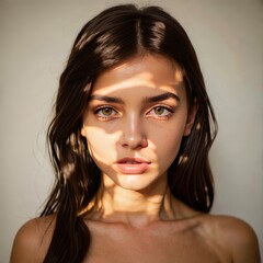 Fototapeta premium Portrait of a young woman with flawless skin, natural makeup, and long, flowing hair, showcasing beauty and elegance.