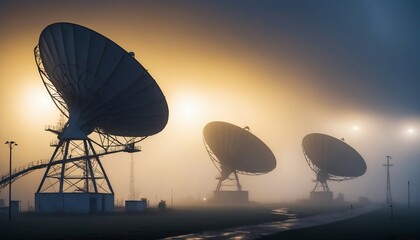 large satellite antennas in foggy weather 
