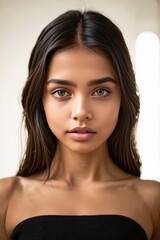 Naklejka premium Portrait of a young woman with flawless skin, natural makeup, and long, flowing hair, showcasing beauty and elegance.