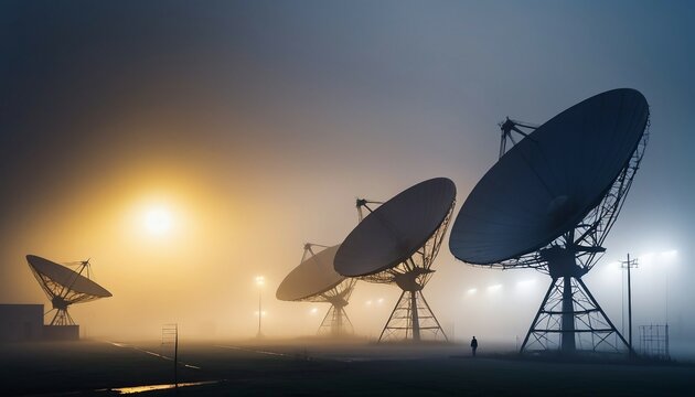 large satellite antennas in foggy weather 
