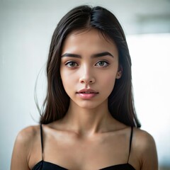 Naklejka premium Portrait of a young woman with flawless skin, natural makeup, and long, flowing hair, showcasing beauty and elegance.