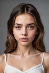 Naklejka premium Portrait of a young woman with flawless skin, natural makeup, and long, flowing hair, showcasing beauty and elegance.