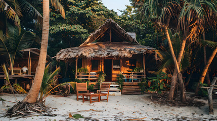 Fototapeta premium A cozy beachfront cabin with a thatched roof and open-air design surrounded by tropical flora.
