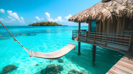 Fototapeta premium A cozy overwater bungalow with a private deck and hammock.